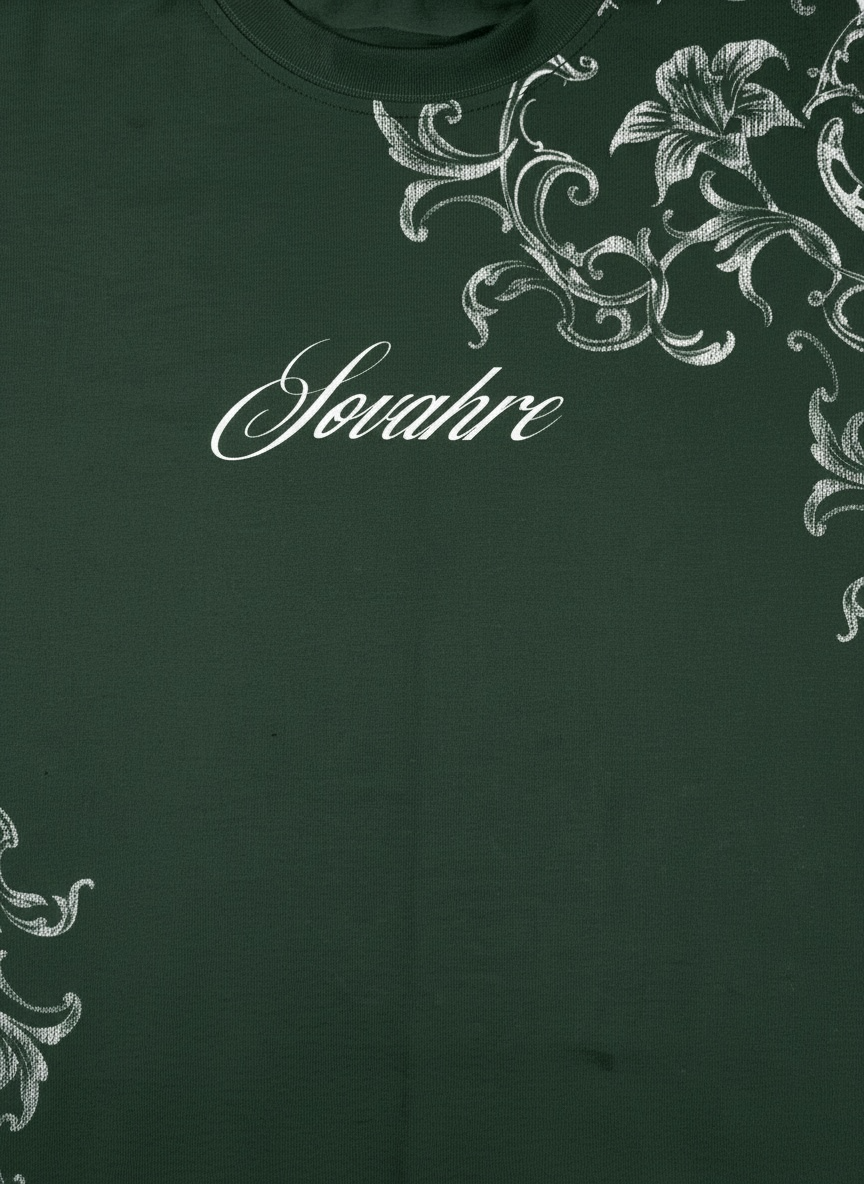 Dark green t-shirt with white floral patterns and 'Sovahre' branding.