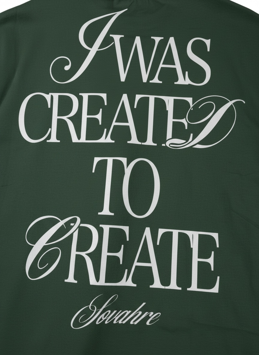 Green t-shirt with white text 'I was created to create' on a plain background