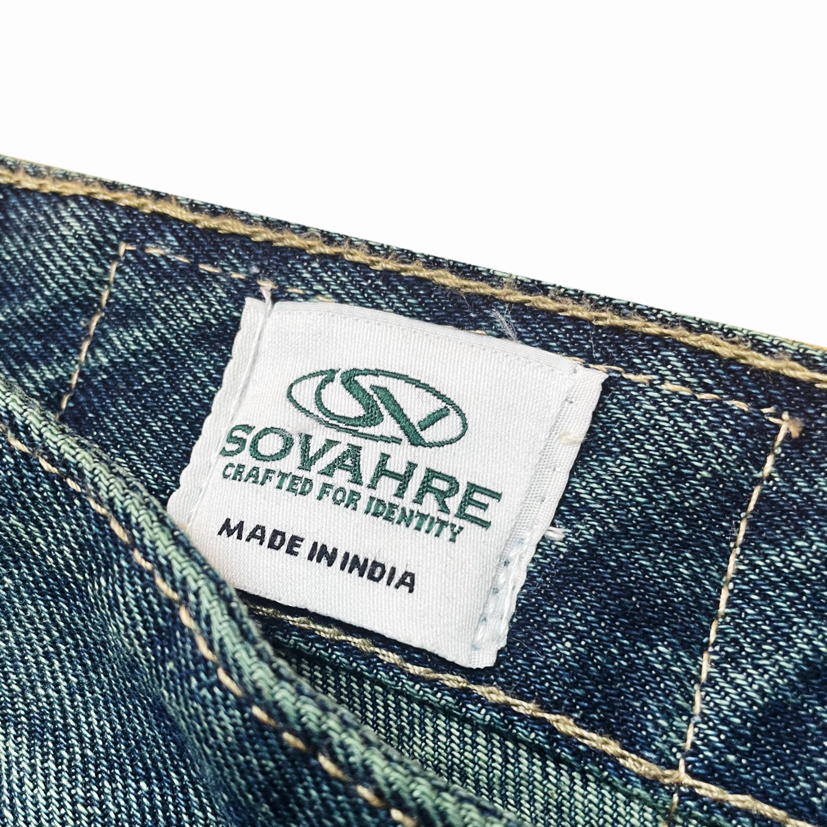 Sovahre label on a denim fabric background